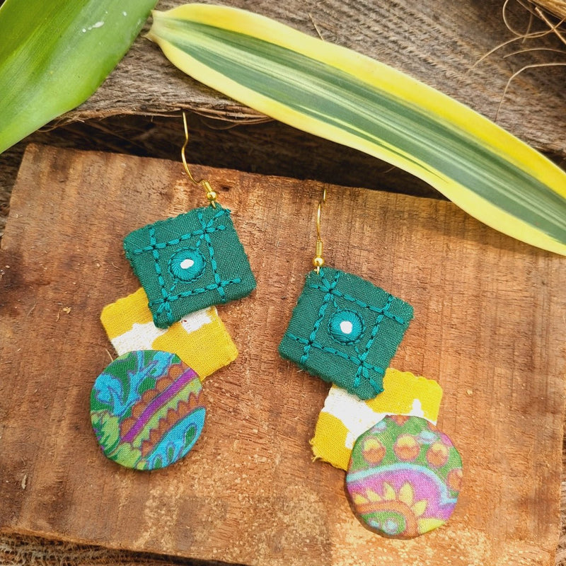 Shravan Upcycled Textile Earring - Green and Yellow | Verified Sustainable by Brown Living™