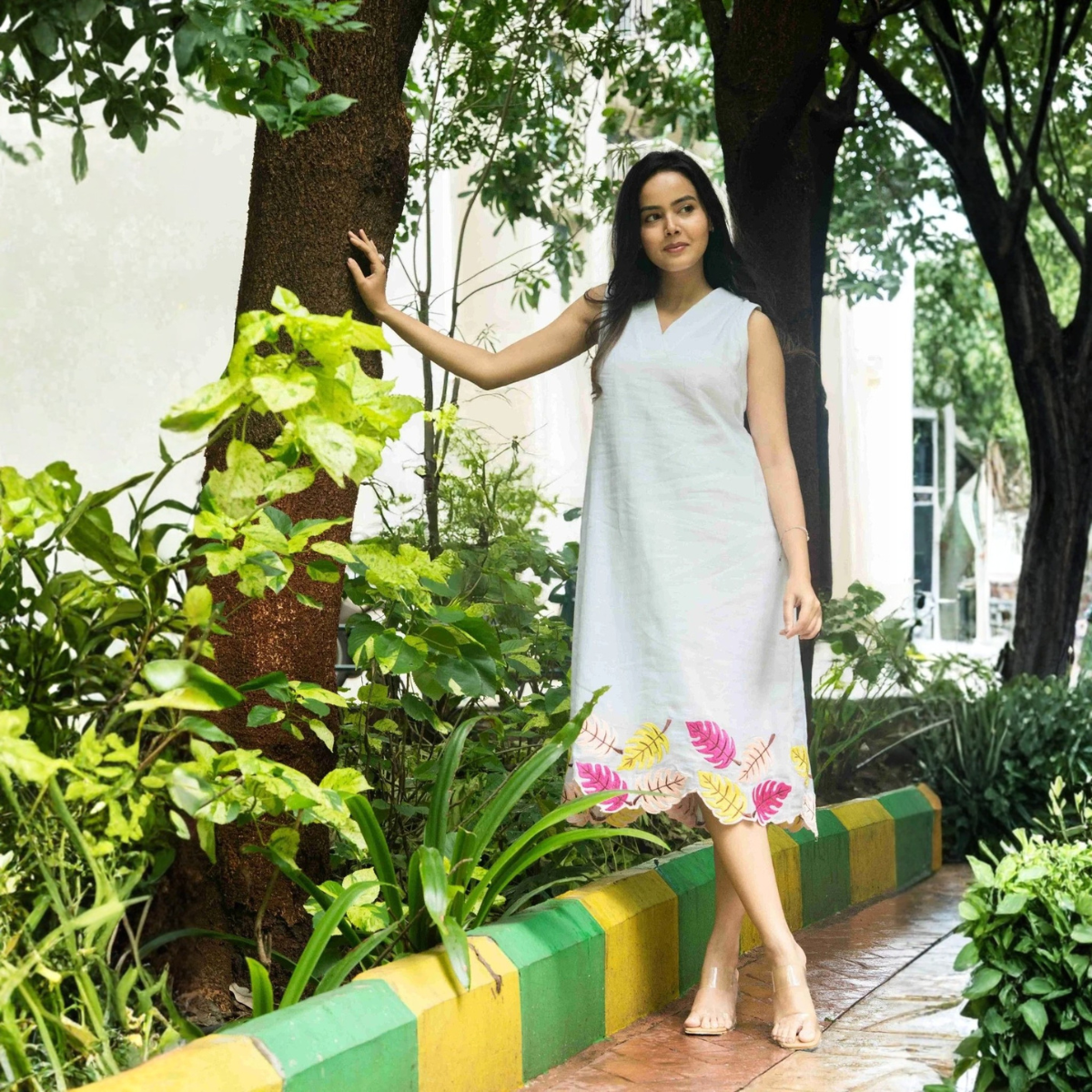 Shveta Pearl White Linen Blend Dress With Embroidery – Womens Dress on Brown Living™. SKU: HD004. Img 4.