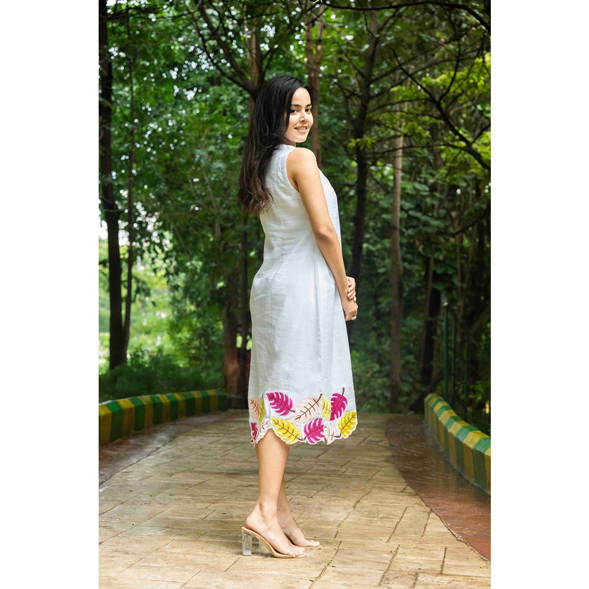 Shveta Pearl White Linen Blend Dress With Embroidery – Womens Dress on Brown Living™. SKU: HD1004SN. Img 5.