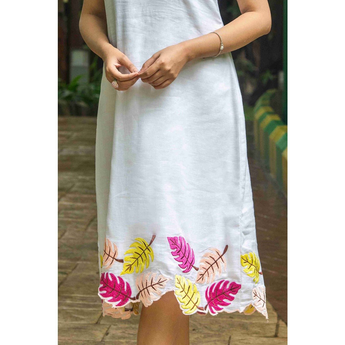 Shveta Pearl White Linen Blend Dress With Embroidery – Womens Dress on Brown Living™. SKU: HD1004SN. Img 3.