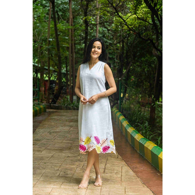 Shveta Pearl White Linen Blend Dress With Embroidery – Womens Dress on Brown Living™. SKU: HD1004SN. Img 2.