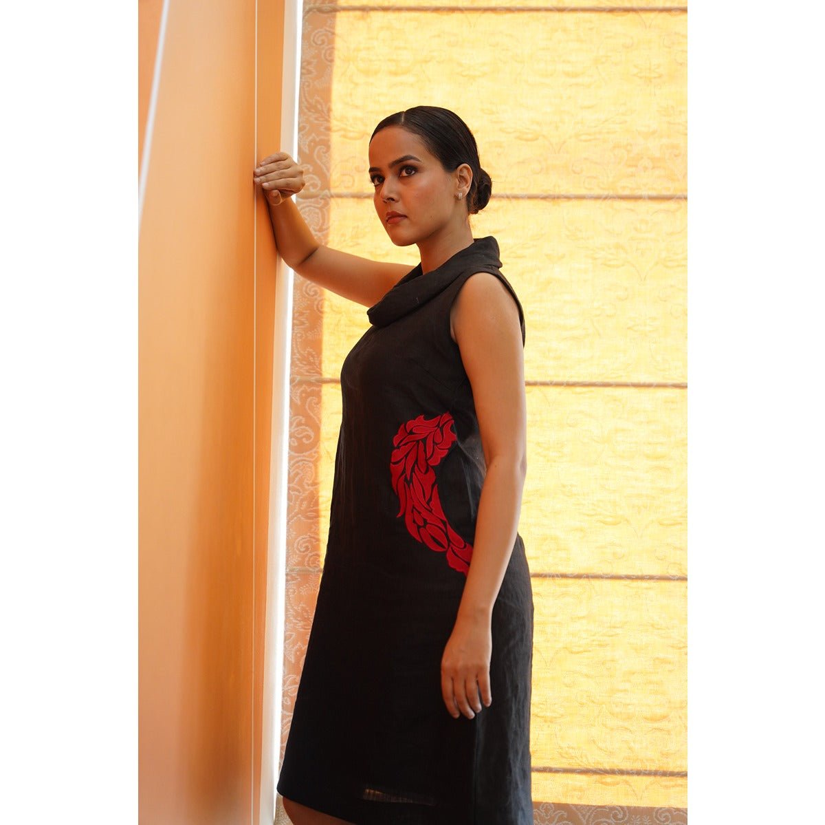 Shyama Charcoal Black Cowl Neck Dress With Red Applique Work – Womens Dress on Brown Living™. SKU: HD1015XSN. Img 5.