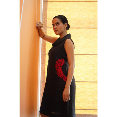 Shyama Charcoal Black Cowl Neck Dress With Red Applique Work – Womens Dress on Brown Living™. SKU: HD1015XSN. Img 5.