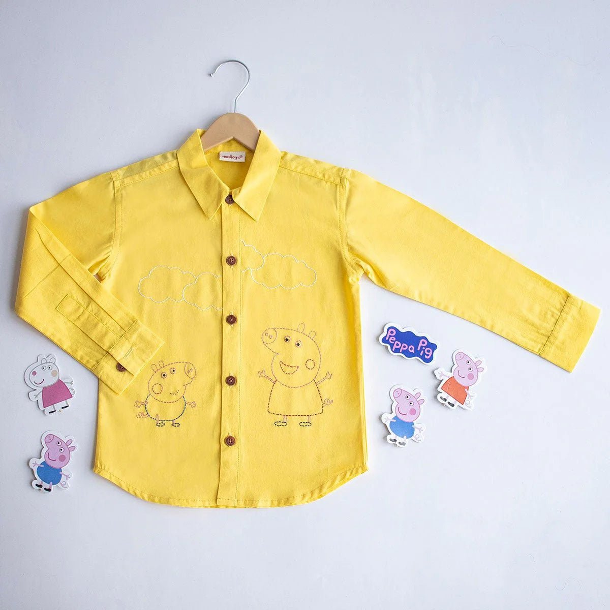 Sibling Pigs Embroidered Unisex Organic Cotton Shirt – Kids Shirts by Nanhey available on Brown Living™. 12 - 18 Months Yellow. SKU: NDY - 1. Img 2.