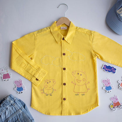 Sibling Pigs Embroidered Unisex Organic Cotton Shirt - Yellow | Verified Sustainable by Brown Living™