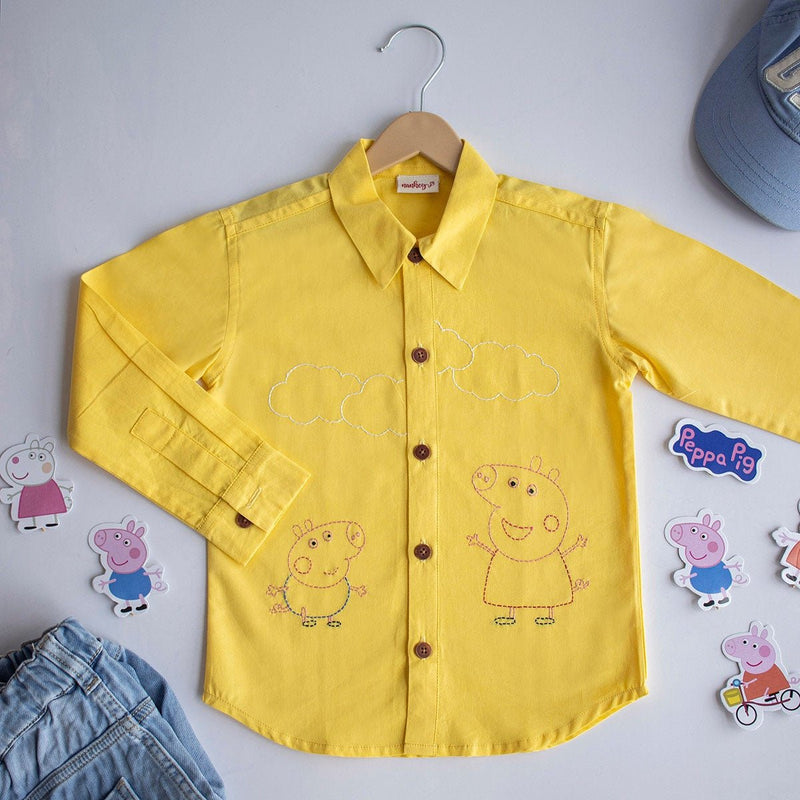 Sibling Pigs Embroidered Unisex Organic Cotton Shirt- Yellow | Verified Sustainable Kids Shirts on Brown Living™