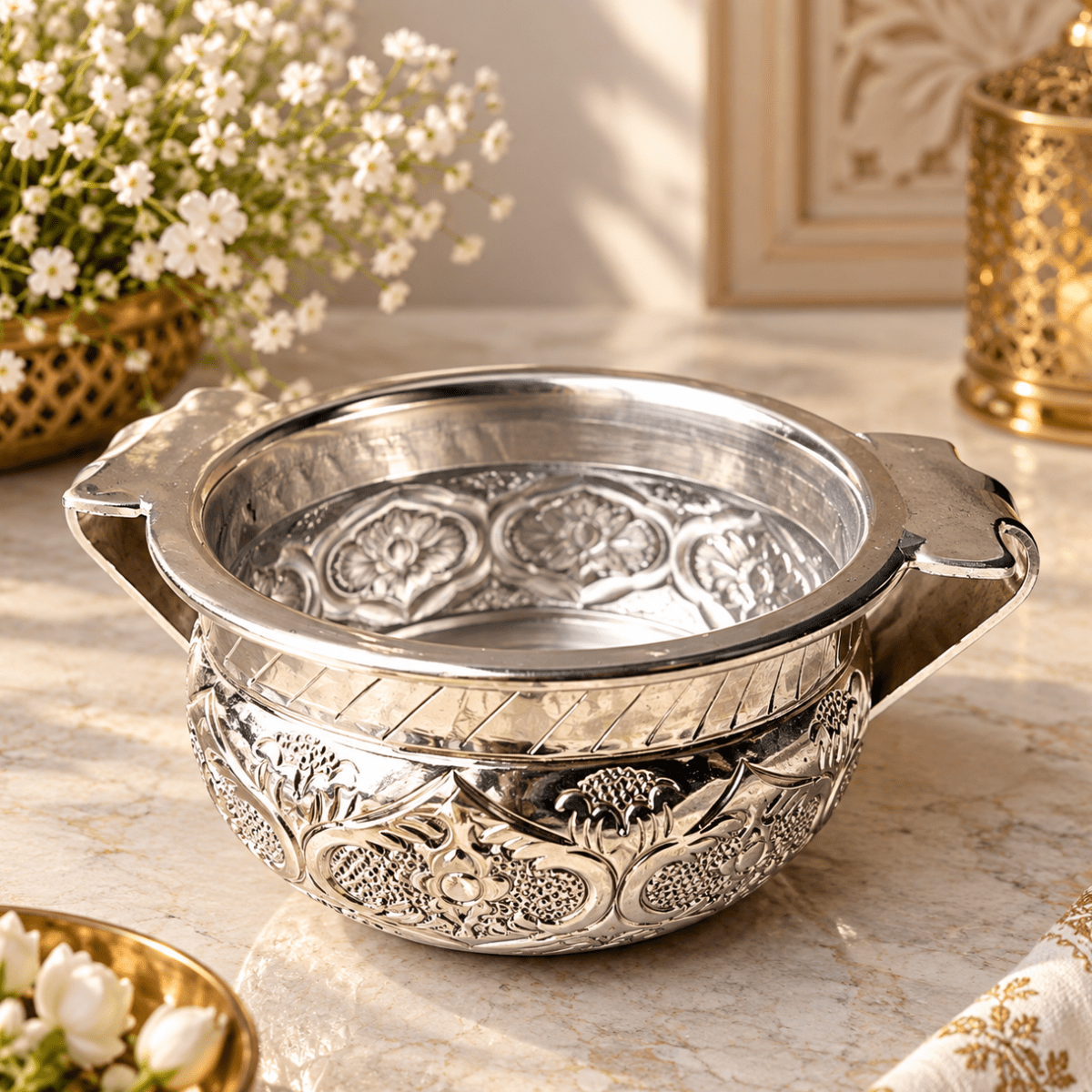 Silver Plated Heritage Bowl | Dry Fruit & Festive Decor – Plates & Bowls on Brown Living™. SKU: D-492. Img 2.