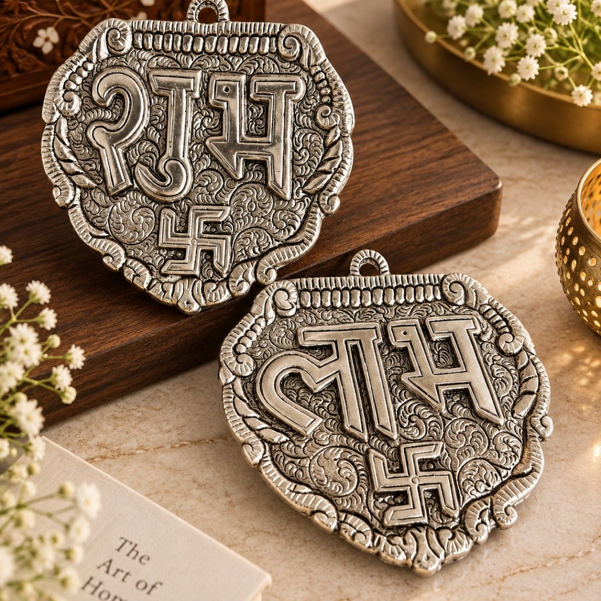 Silver Plated Palm Shape Shubh Labh | Diwali & Pooja Decor – Home Decor on Brown Living™. SKU: D-494. Img 3.