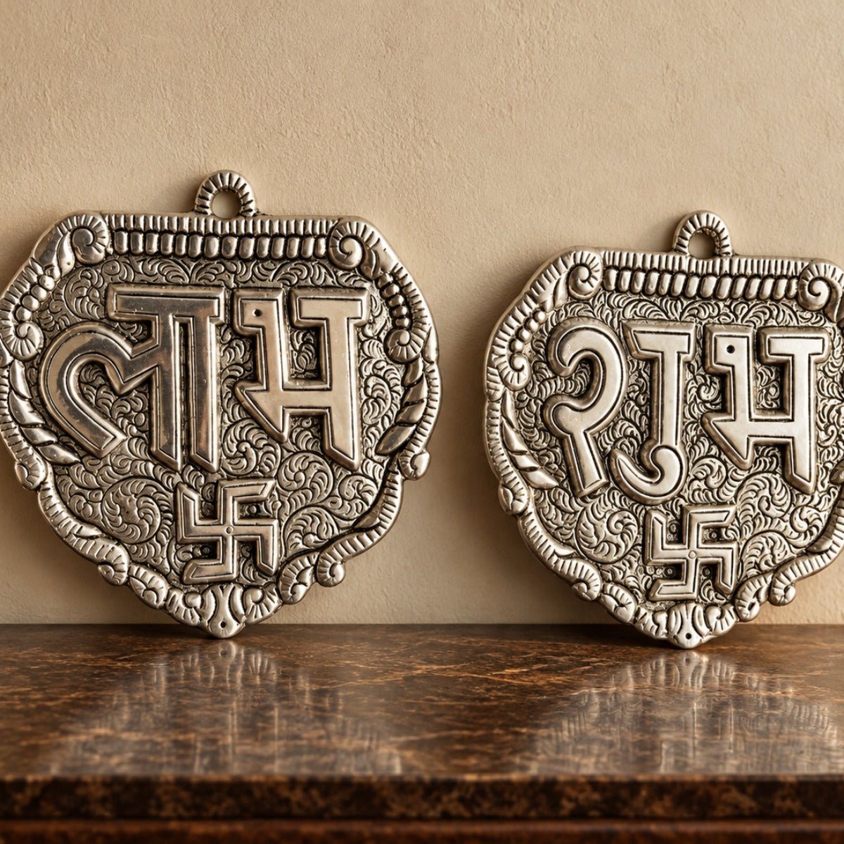Silver Plated Palm Shape Shubh Labh | Diwali & Pooja Decor – Home Decor on Brown Living™. SKU: D-494. Img 1.
