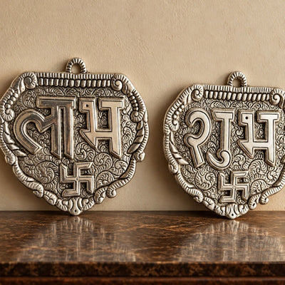 Silver Plated Palm Shape Shubh Labh | Diwali & Pooja Decor – Home Decor on Brown Living™. SKU: D-494. Img 1.