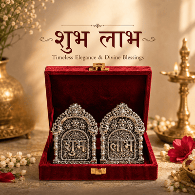 Silver Plated Shubh Labh with Red Box | Diwali & Pooja Decor – Home Decor on Brown Living™. SKU: D-490. Img 2.