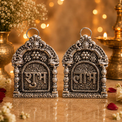 Silver Plated Shubh Labh with Red Box | Diwali & Pooja Decor – Home Decor on Brown Living™. SKU: D-490. Img 3.
