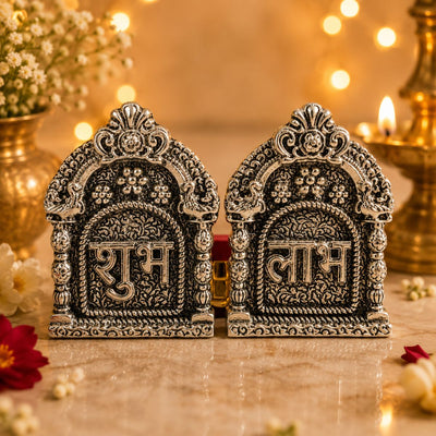 Silver Plated Shubh Labh with Red Box | Diwali & Pooja Decor – Home Decor on Brown Living™. SKU: D-490. Img 4.