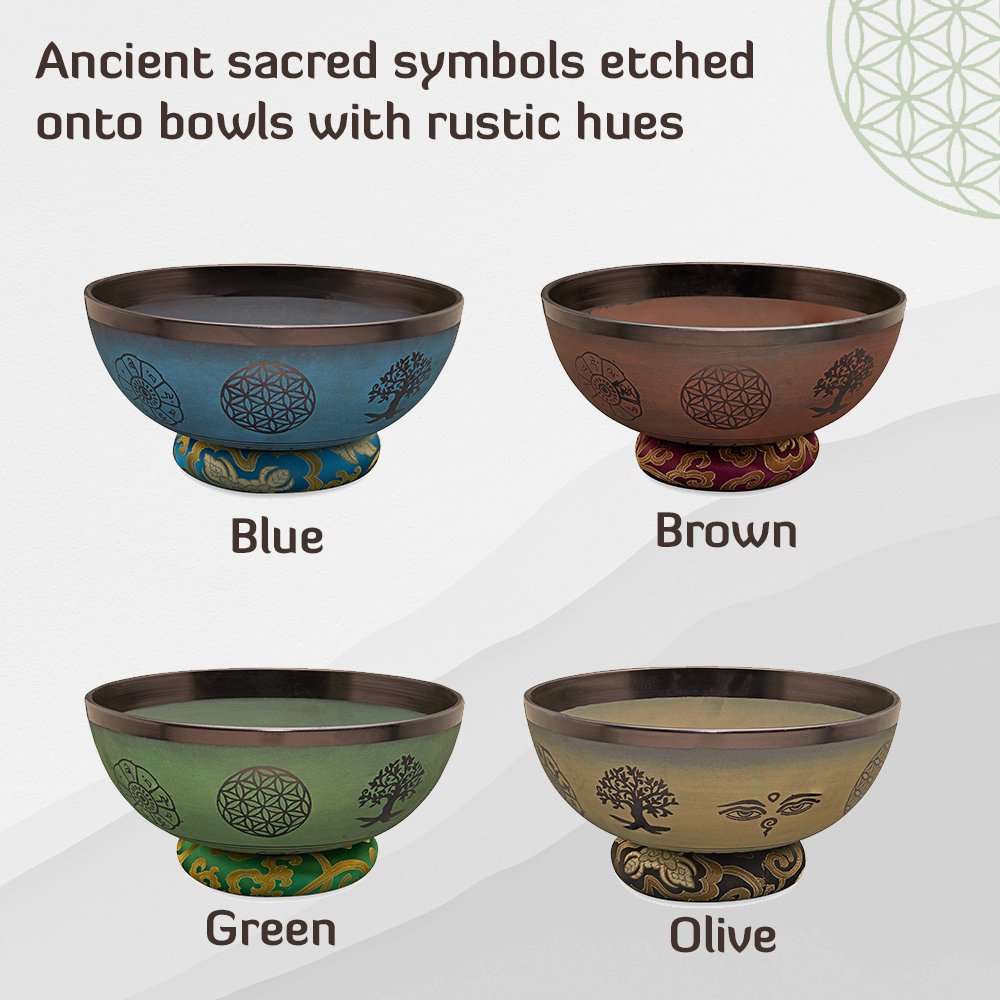 Singing Bowls - Rustic - Flower of Life - Blue - 8inches | Verified Sustainable by Brown Living™