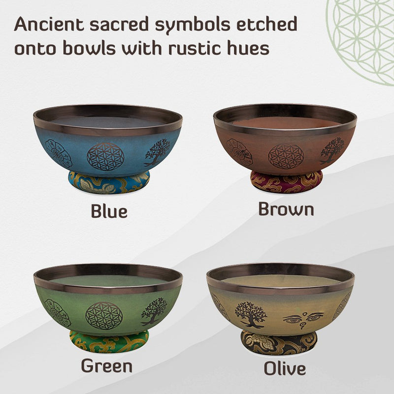 Singing Bowls - Rustic - Flower of Life - Blue - 9inches | Verified Sustainable by Brown Living™