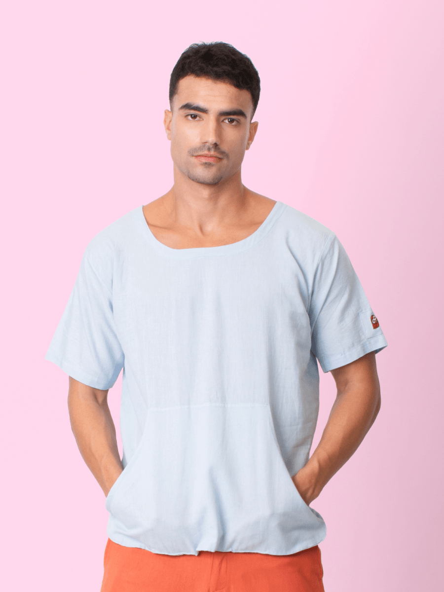 Skippy - Cotton Linen Round Neck T Shirt with Kangaroo Pockets – Mens T-Shirt by Phuhar's available on Brown Living™. Blue Xs. SKU: pH2711. Img 1.