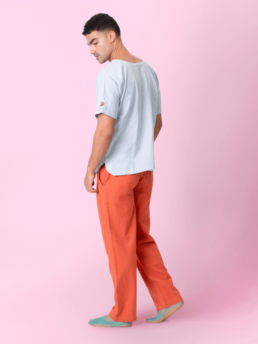Skippy - Cotton Linen Round Neck T Shirt with Kangaroo Pockets – Mens T-Shirt by Phuhar's available on Brown Living™. Blue Xs. SKU: pH2711. Img 3.