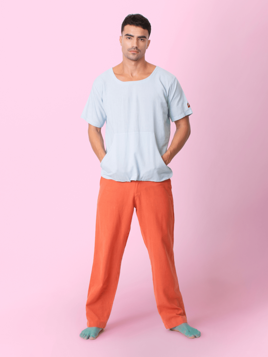 Skippy - Cotton Linen Round Neck T Shirt with Kangaroo Pockets – Mens T-Shirt by Phuhar's available on Brown Living™. Blue Xs. SKU: pH2711. Img 2.