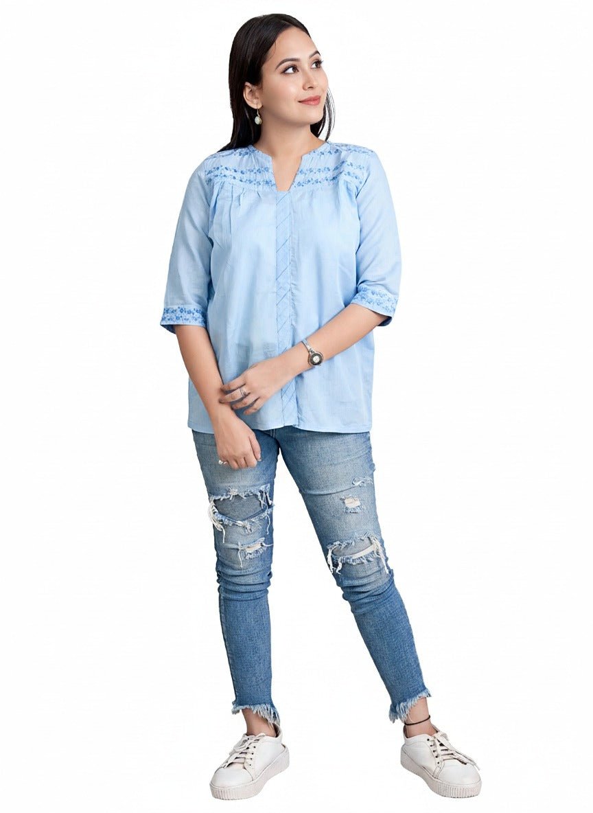 Sky Breeze Embroidered Tunic for Women – Elegant Wear – Womens Top on Brown Living™. SKU: T02013. Img 1.