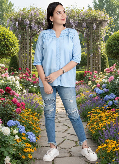 Sky Breeze Embroidered Tunic for Women – Elegant Wear – Womens Top on Brown Living™. SKU: T02013. Img 5.