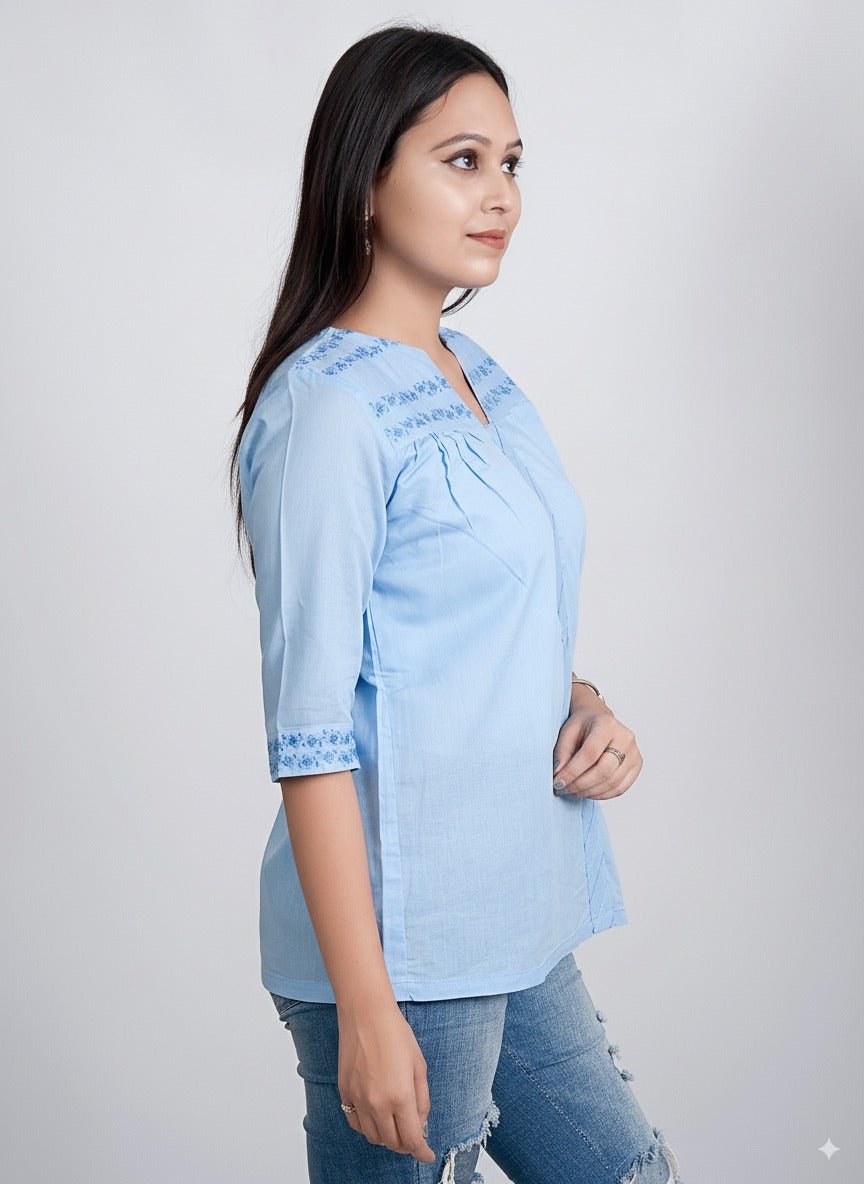 Sky Breeze Embroidered Tunic for Women – Elegant Wear – Womens Top on Brown Living™. SKU: T02013. Img 2.