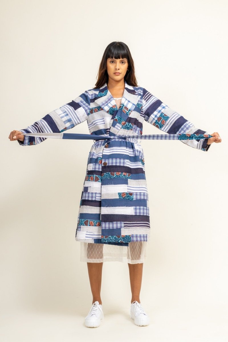 Sky Patchwork Upcycled Denim Trench | Verified Sustainable by Brown Living™