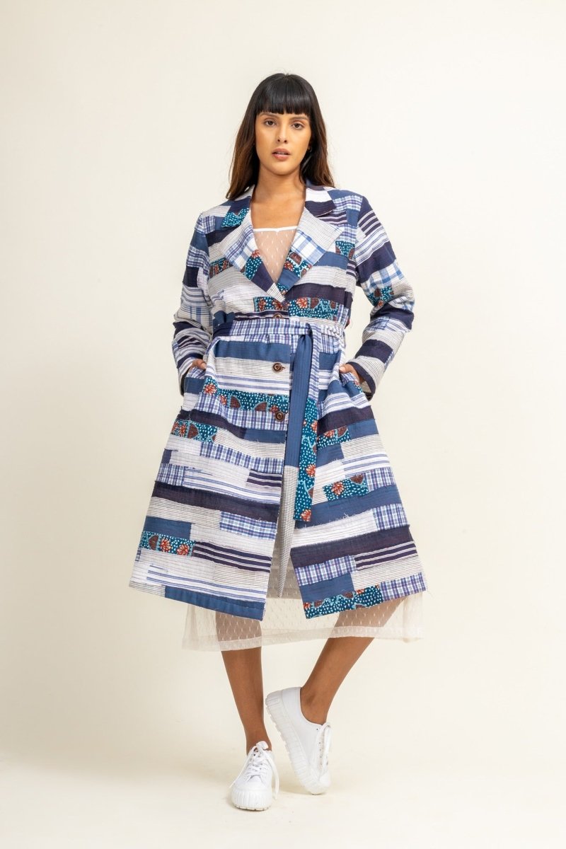 Sky Patchwork Upcycled Denim Trench | Verified Sustainable by Brown Living™