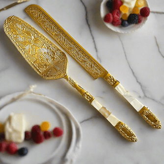 Slice And Serve Elegance Gold Cake Server And Knife Set – Kitchen Tools on Brown Living™. SKU: TLD-BL-26. Img 1.