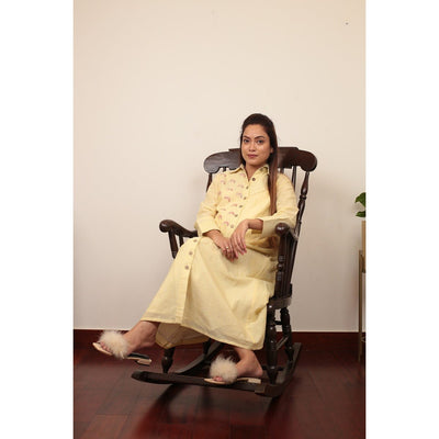 Snappy Shrimp Cotton Maternity Dress | Soft Yellow Pregnancy Wear – Womens Maternity Wear on Brown Living™. SKU: MCBL118. Img 1.