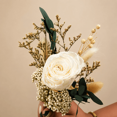 Snow Petal Dried Flower Bouquet | White Decorative Floral Arrangement – Vases on Brown Living™. SKU: V-409. Img 1.