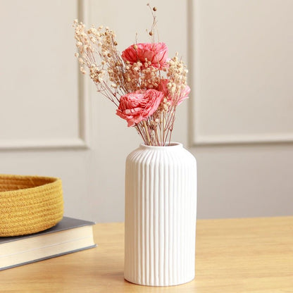 Snow White Ceramic Vase with Dried Harmony Bunch | Verified Sustainable by Brown Living™