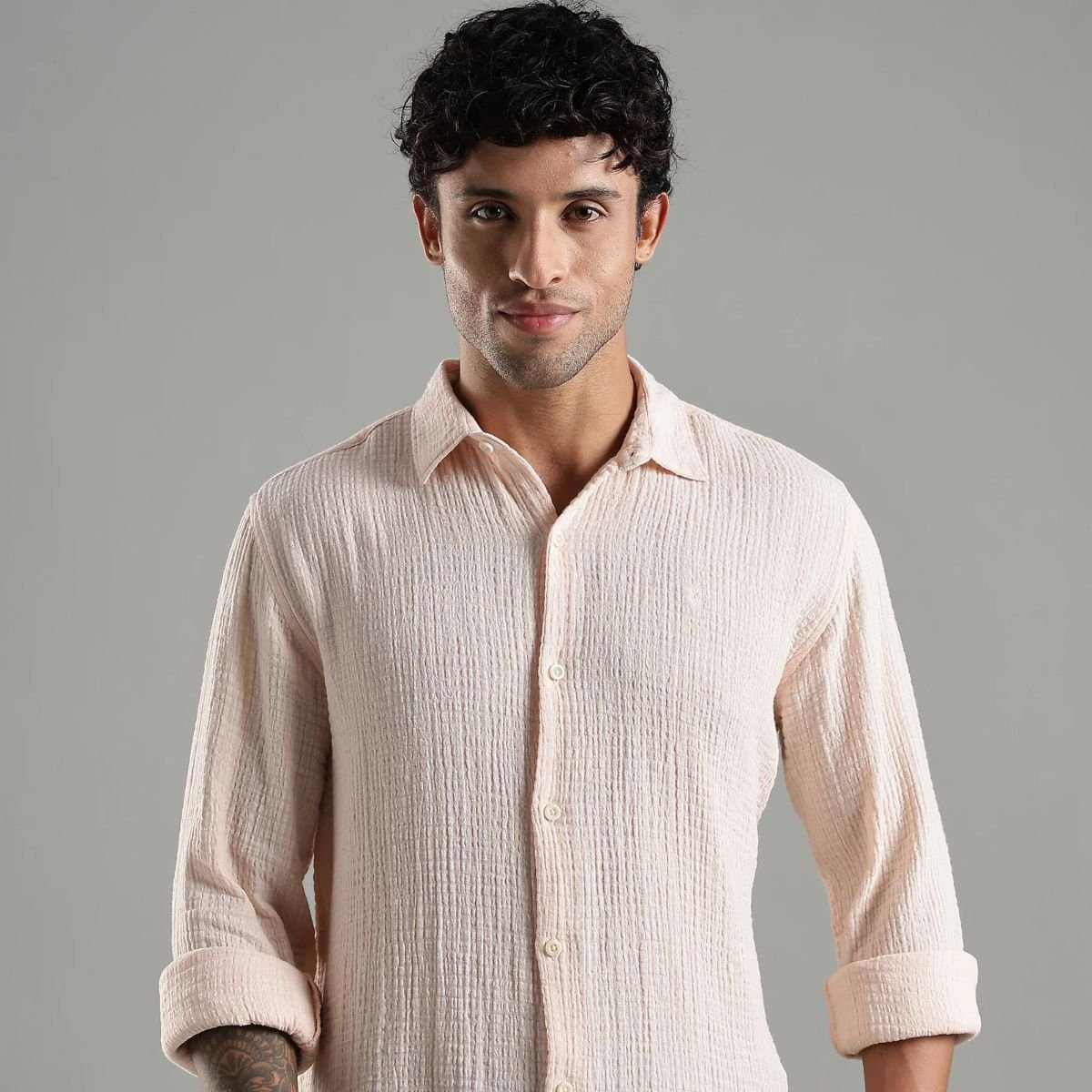 Sol Gauge Cotton Shirt – Sleek Minimal Texture – Mens Shirt on Brown Living™. SKU: DM - BG - F - S. Img 1.