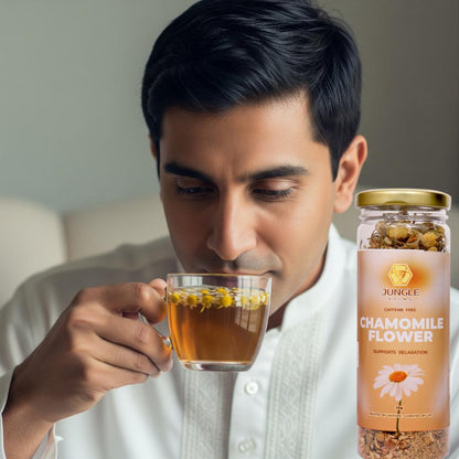 Soothing Chamomile Tea | Sleep Support & Stress Relief Herbal Blend – Tea by JUNGLE STING available on Brown Living™. . SKU: JSCHAMOMILE. Img 4.