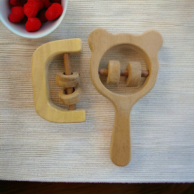 Soothing Sound Making Set Of 2 Neem Wooden Rattles For Toddlers – Baby Rattles on Brown Living™. SKU: R_MKHD-C. Img 2.