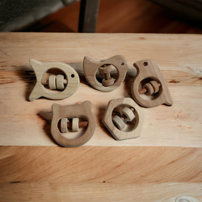 Soundmaking Rattles – Sparrow, Dove, Fish, Hippo & Hexagon Shapes – Baby Rattles on Brown Living™. SKU: R_SET5. Img 7.