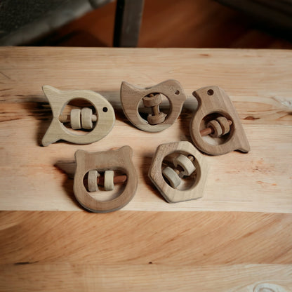 Soundmaking Rattles – Sparrow, Dove, Fish, Hippo & Hexagon Shapes – Baby Rattles on Brown Living™. SKU: R_SET5. Img 7.