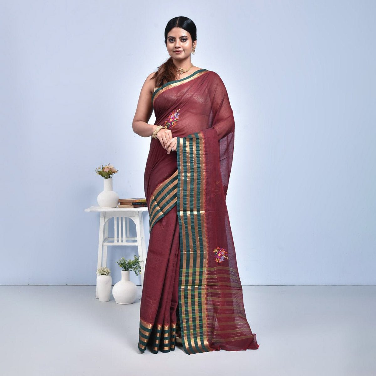 South Cotton Saree with Hand Embroidery – Womens Saree on Brown Living™. SKU: ST-SOUTHCOT-DBROWN-11. Img 21.