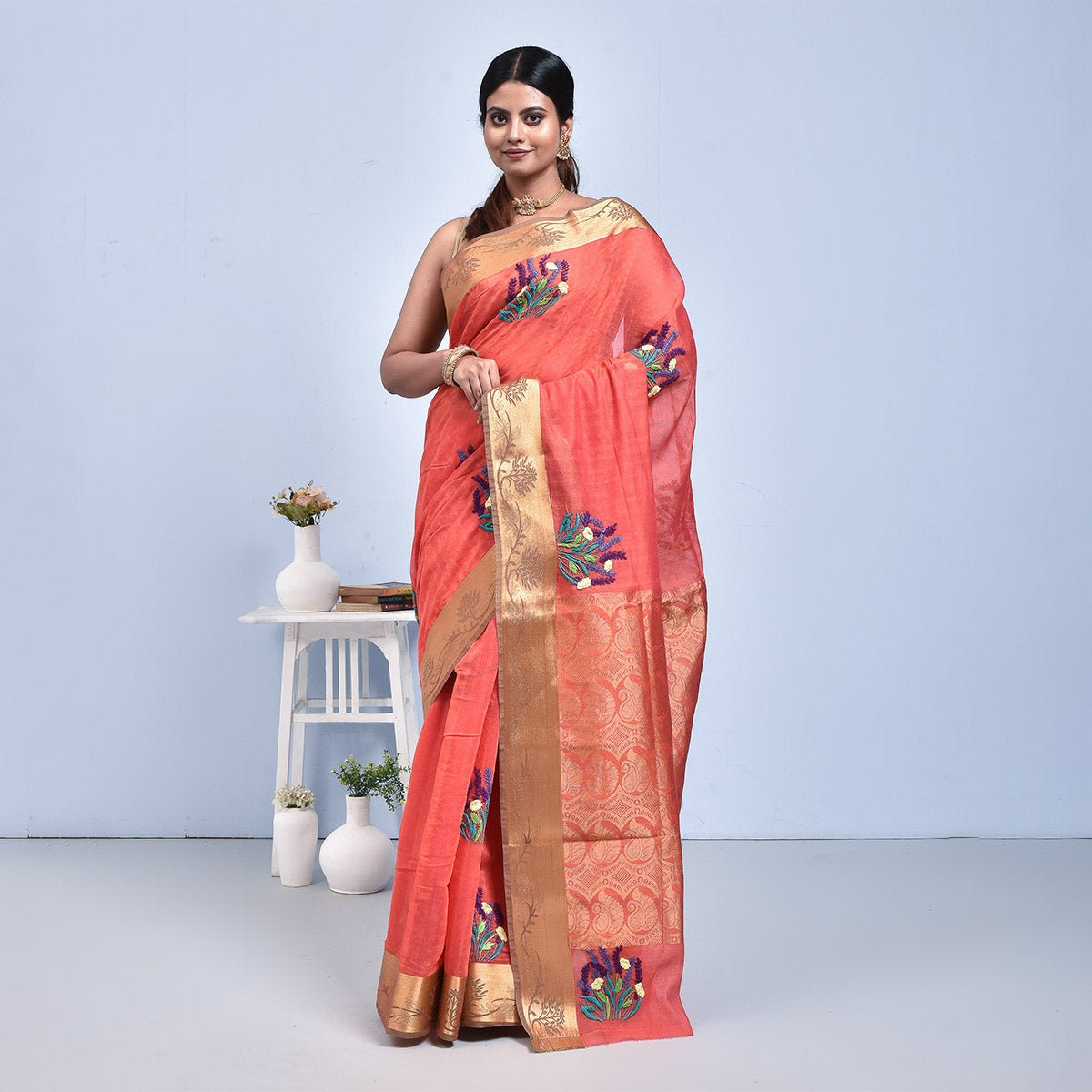 South Cotton Saree with Hand Embroidery – Womens Saree by Stotra available on Brown Living™. Brick Red . SKU: ST - SOUTHCOT - BRICK - 06. Img 1.