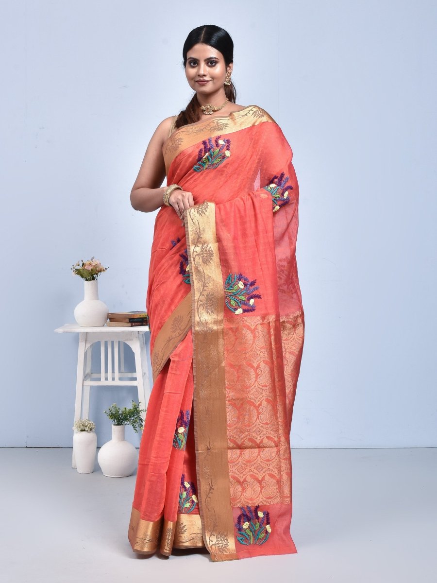 South Cotton Saree with Hand Embroidery – Womens Saree by Stotra available on Brown Living™. Brick Red . SKU: ST - SOUTHCOT - BRICK - 06. Img 6.