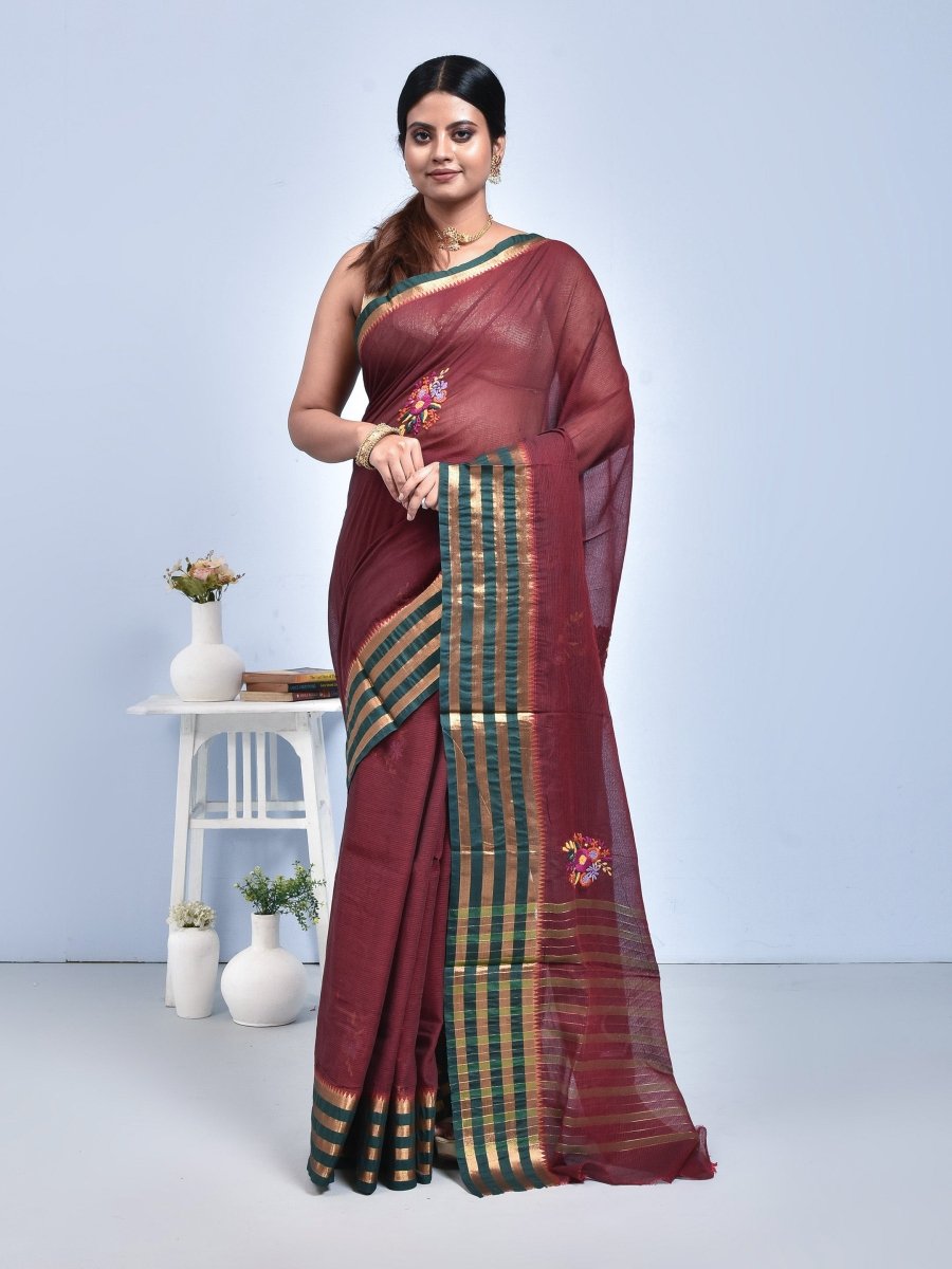 South Cotton Saree with Hand Embroidery – Womens Saree by Stotra available on Brown Living™. Deep Brown . SKU: ST - SOUTHCOT - DBROWN - 11. Img 9.