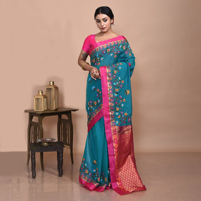 South Cotton Saree with Hand Embroidery – Womens Saree by Stotra available on Brown Living™. Green . SKU: ST - SOUTHCOT - GRN - 03. Img 3.