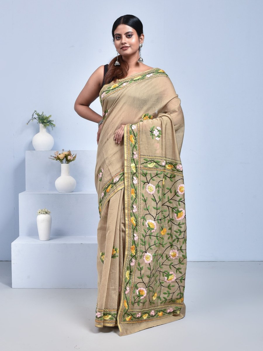 South Cotton Saree with Hand Embroidery – Womens Saree by Stotra available on Brown Living™. Light Brown . SKU: ST - SOUTHCOT - LBROWN - 10. Img 4.