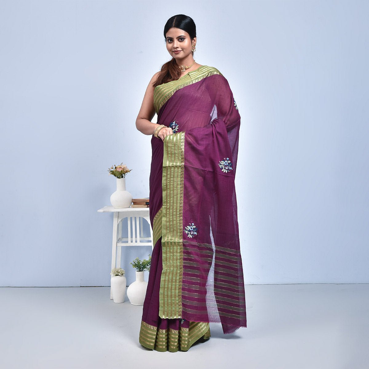 South Cotton Saree with Hand Embroidery – Womens Saree by Stotra available on Brown Living™. Purple . SKU: ST - SOUTHCOT - PUR - 01. Img 8.