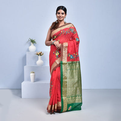 South Cotton Saree with Hand Embroidery – Womens Saree by Stotra available on Brown Living™. Red . SKU: ST - SOUTHCOT - RED - 05. Img 9.