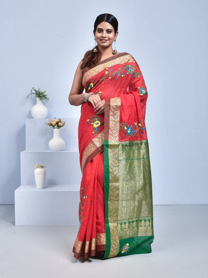 South Cotton Saree with Hand Embroidery – Womens Saree by Stotra available on Brown Living™. Red . SKU: ST - SOUTHCOT - RED - 05. Img 5.