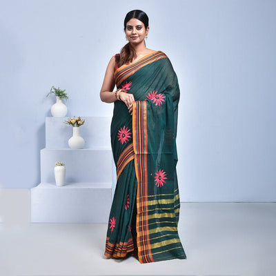 South Cotton Saree with Hand Embroidery – Womens Saree by Stotra available on Brown Living™. Viridian Green . SKU: ST - SOUTHCOT - VIRGRN - 09. Img 10.
