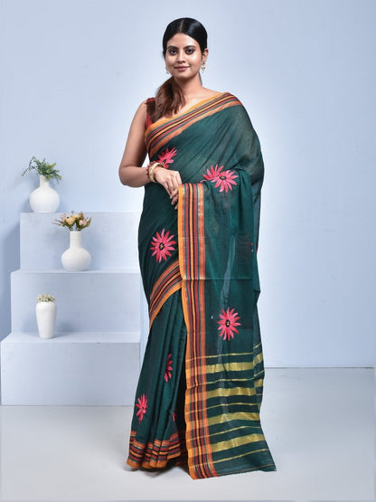 South Cotton Saree with Hand Embroidery – Womens Saree by Stotra available on Brown Living™. Viridian Green . SKU: ST - SOUTHCOT - VIRGRN - 09. Img 8.