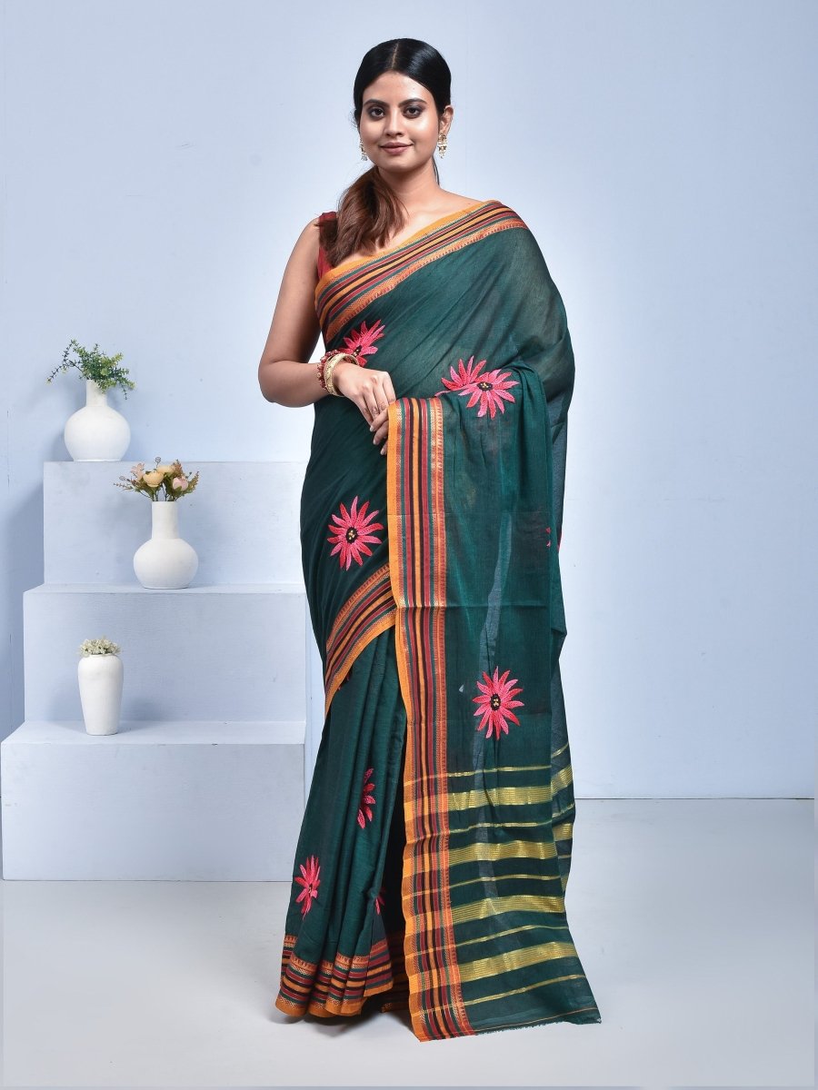 South Cotton Saree with Hand Embroidery – Womens Saree by Stotra available on Brown Living™. Viridian Green . SKU: ST - SOUTHCOT - VIRGRN - 09. Img 8.