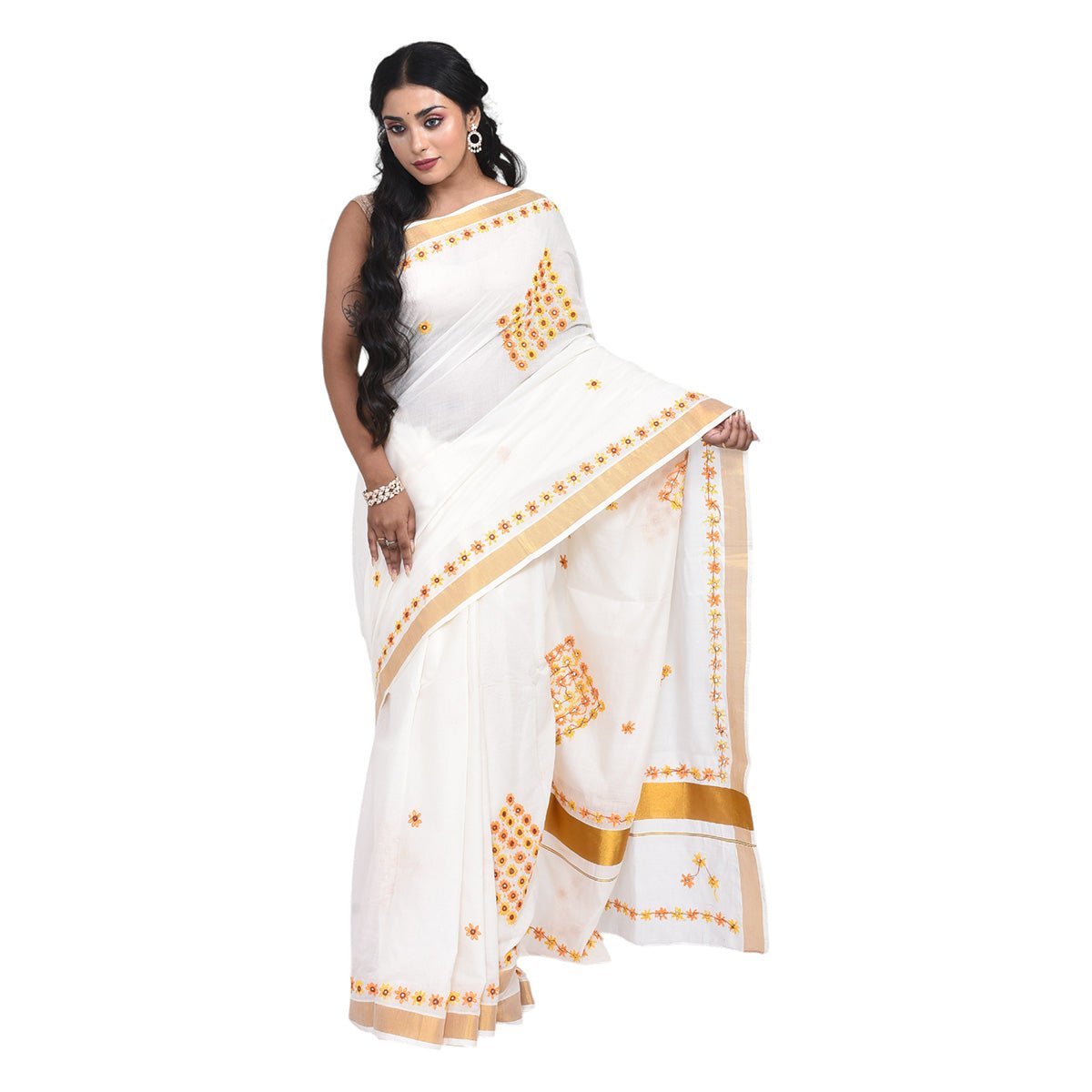 South Cotton Saree with Hand Embroidery – Womens Saree by Stotra available on Brown Living™. White . SKU: ST - SOUTHCOT - WHI - 04. Img 11.