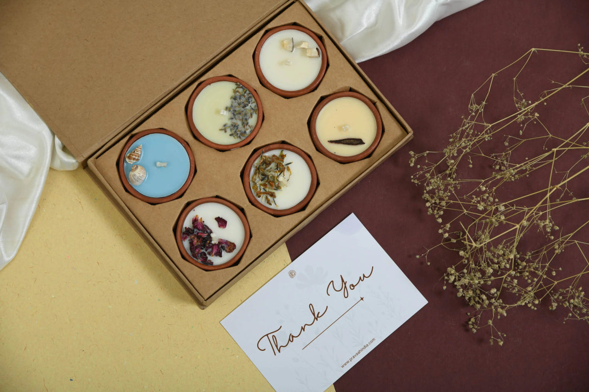 Soy Wax Terracotta Candle Gift Set | 6 Scented Candle | Home Decor – Gift Box by Pravaah India available on Brown Living™. . SKU: PRA25GS01. Img 1.
